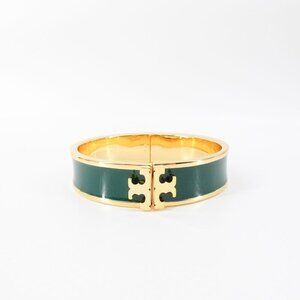 Tory Burch Enameled Kira Logo Hinged Bracelet Gold/ Green OS